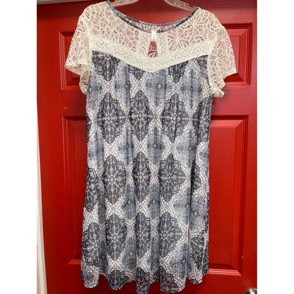 PerSeption Concept Paisley Medallion Lace Yoke Tunic Top Dress Blue Pink Large